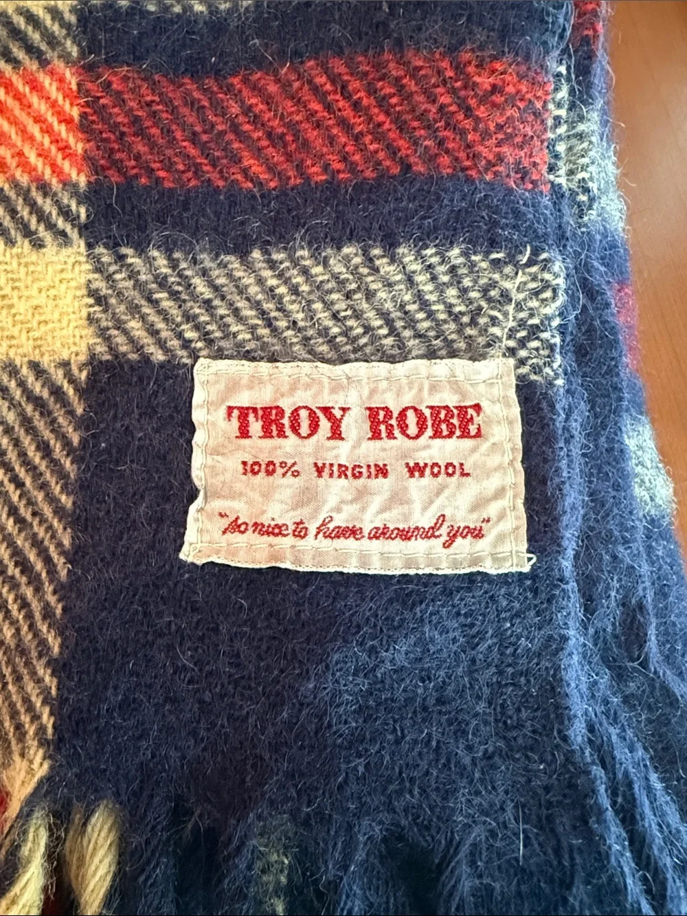 Vintage Troy Robe Plaid Wool Blanket Throw Blue, Red & Cream Lauren Vibes